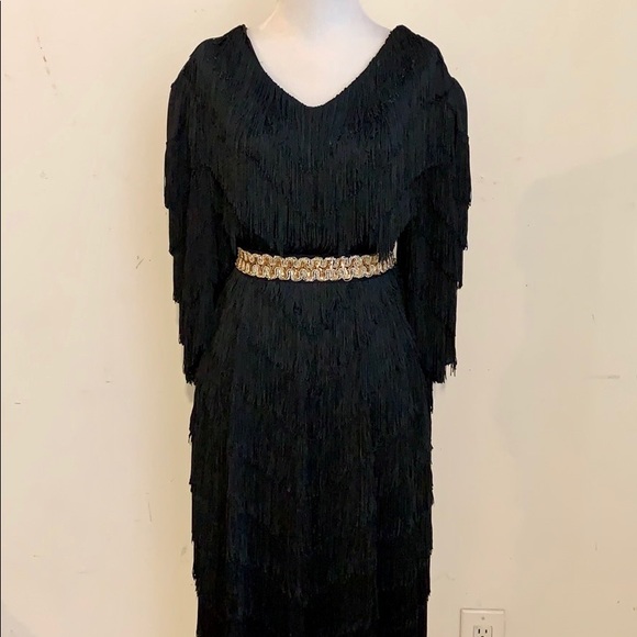 SOLD! VINTAGE FRINGE COCKTAIL DRESS BLACK - Picture 4 of 8